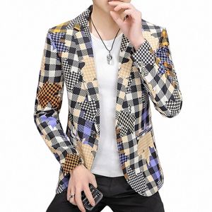 2022 primavera nuovo plaid stampa giacca sportiva da uomo abbigliamento streetwear coreano sottile giacca da abito casual da sposa Busin abbigliamento da festa Dr S7Qq #