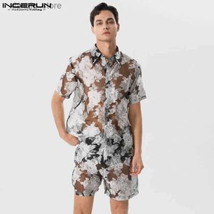 Mäns T-shirts 2023 män sätter Jacquard Mesh Transparent Lapel Kort ärmskjorta Shorts 2st Streetwear Party Stylish Men Suits S-5XL24328