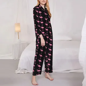 Startseite Kleidung Pyjamas Weiblicher lustiger Vogel-Aufdruck Tägliche Nachtwäsche Rosa Flamingos Zweiteiliges, lässiges, lockeres Pyjama-Set Schöner übergroßer Anzug