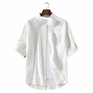 Хлопковая льняная укороченная рубашка с короткими рукавами для мужчин, лето 2024, свободная льняная рубашка большого размера, повседневный топ, оптовая продажа для иностранных H7ZY #