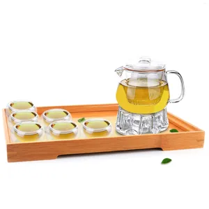 TEAWARE SETS 1X 9IN1 Kaffe te-set-485 ml värmebeständig glasblomma tekanna kristallpotten varmare 6 dubbla väggkoppar bambubricka