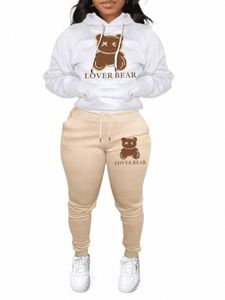 nsangu Bear Letter Print Kangaroo Pocket Tracksuit Set Lg Sleeve Hoodie+Drawstring Trousers Women Two Pieces Matching Suits C3By#