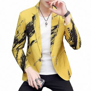 FI Gedruckt Männer Anzug Jacke Single Butt Lg Sleeve Junge Mann Kleidung Gelb Schwarz Weiß Casual Männlich Slim Fit Blazer mantel c6do #