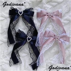 Hårtillbehör Mine Japanese Style Bow Lace Love Heart-Shaped Hairpin Sweet Girls Side Clip Womens Rhinestone Brosch Hair Clips Drop Dhom4