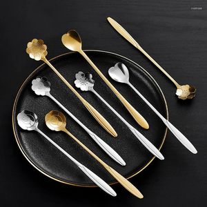 Coffee Scoops Spoon Stainless Steel Cherry Blossom Rose Creative Long Handle Gold-plated Flower Spoons Kitchen Accessories