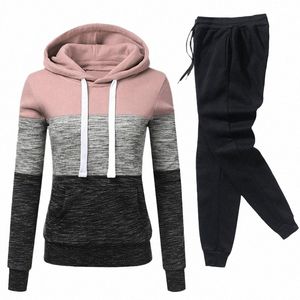 Kobiety dreski patchwork z kapturem+dres 2 -częściowy zestaw jesienny zima polar Fi Cuusual Streetwear Kobiet pullover garnitur 36UJ#