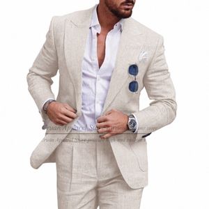 Resmi Erkekler Takım Setleri Düğün Groomsman Terzi İnce Fit Keten Blazer Pantolon 2 Parça Akşam Yemeği Klasik Erkek Kıyafetler 40IK#