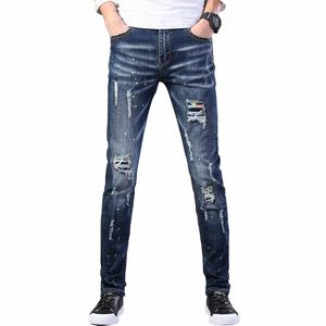 Men Jeans Design Fi Runway Hiphop Slim Hole Printing Districed Cott Beggar Denim Pants D4JK#