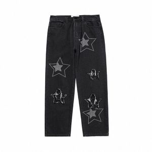 Хип-хоп Широкие рваные джинсы Уличная одежда Мужчины Женщины Черные джинсы с потертостями Звездные мешковатые брюки Y2k Pantales De Hombre Свободные брюки-карго W0bQ #