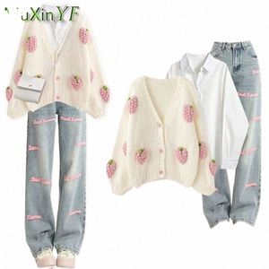 Kvinnors 2023 Autumn Winter New Denim Pants Matching Set Korean Elegant Knitted tröja Cardigan+Shirt+Letter Jeans 3 Piece Suit M7KR#