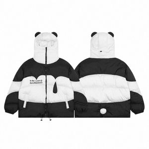 hooded Parkas Men Streetwear Cute Panda Ears Padded Jackets Winter Thick Warm Puffer Parka Water Droplet Patchwork Coats Hip Hop h5M0#