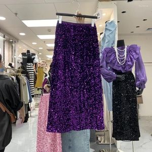 Saias primavera a linha francês chique elegante elástico cintura alta glitter lantejoulas emendado sexy midiskirt casual femme saia dropship