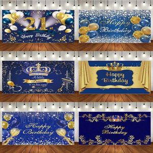 Party Supplies Blue And Gold Happy Birthday Backdrop Golden Balloons Custom Background Children's Decoration Decorations Festa Wall Event