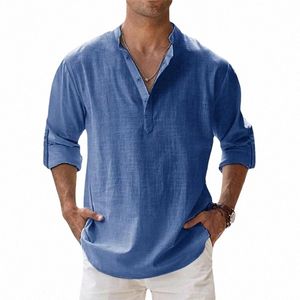 T-shirt manica lunga in lino da uomo nuova Camicia traspirante Camicia casual in lino Cott di base Top S-5XL S9j5 #