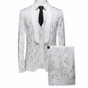 jacquard Embroidered Suit 3 Piece Men's Wedding Party Dr Jacket with Pants Vest Red Green White Black Blue Available M-6XL a6sj#
