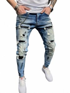 men Jeans Knee Hole Ripped Stretch Skinny Denim Pants Solid Splice Color Blue Autumn Summer Hip-Hop Style Slim Fit Trousers 2023 F16j#