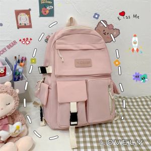 النسخة الكورية العصرية حقيبة مدرسة LargeCapacity خفيفة الوزن سفر سفر بسيطة في سن المراهقة الفتيات العديد من الجيوب على الظهر 220707