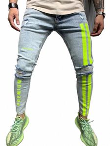 biker Ripped Jeans Men Skinny Striped Zipper Denim Hole W Vintage Hip Hop Work Trousers Slim Printed Jeans European Big Size e14u#