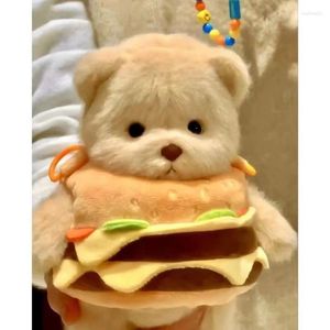 Confezione regalo Borsa a tracolla per hamburger con orsetto Cartone animato portatile Simpatico hamburger con patatine fritte Zaino da appendere in peluche