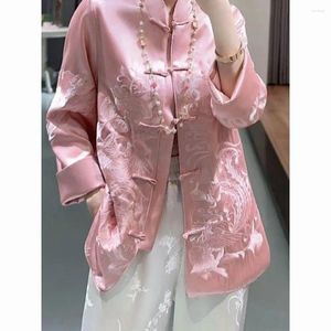 Abbigliamento etnico 2024 Cinese Acetato Raso Industria pesante Ricamo Stile orientale Primavera Colletto in piedi Tangsuit Top da donna