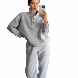 Tuta da donna con chiusura a scatto con colletto alla coreana 2023 Autunno Inverno Fi pantaloni solidi Set casual allentato manica Lg abito da donna n8py #