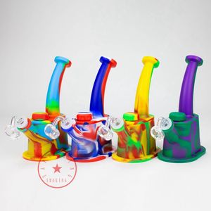 Colorful Silicone Bong Flat Bottom Hookah Shisha Smoking Waterpipe Bubbler Pipes Filter Herb Tobacco Oil Rigs Bowl Portable Removable Design Nails Straw Spoon DHL