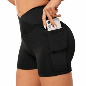 Frauen Hohe Taille Yoga Sport Biker Shorts für Fitn Kreuz Taille Tasche Yoga Hose D5UN #