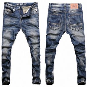 новый дизайнер Fi мужские джинсы ретро черный синий эластичный Slim Fit рваные джинсы мужские вышивка винтажные повседневные джинсовые брюки Hombre 13vl #