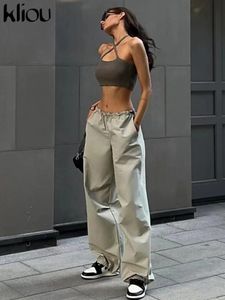 Kliou solid casual överdimensionerad lastbyxor kvinnor hipster dragstring lös harajuku vintage byxor streetwear kvinnliga bottnar 240328