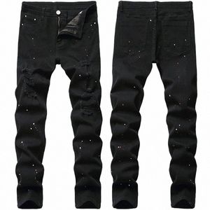Denim Jeans Hole Stretch Regular Fit Black Design Fi Lacquer LG Pants Men's New Four Seas Plus Size B6AG#