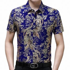 luxury Gold Brzing Stretch Clothing Mens Royal Blue 2023 Summer Soft Cozy Elastic Shirts For Mens Large Size Blouse Designer H4kg#