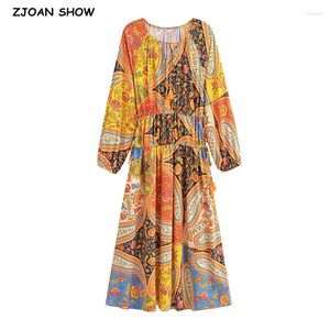 Casual Dresses Boho Paisley Flower Print Bow Nacing Up V Collar Long Dress Woman Viscose Cotton Full Hylsa Justera midje Tassel Robe Holiday