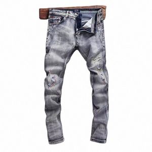 fi Designer Men Jeans High Quality Retro Gray Blue Stretch Slim Fit Ripped Jeans Men Embroidery Vintage Denim Pants Hombre l9CE#