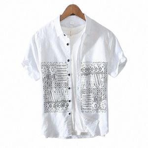 designer new Chinese style cott Linen shirt men short sleeve white print shirts for men breathable mens clothing tops C3pM#