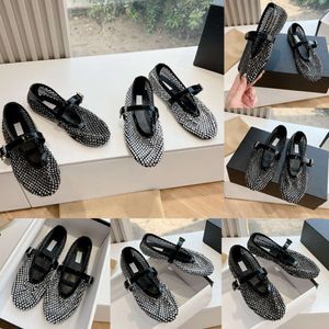 Rhinestone Fishnet Ballet Flats Woman Sandals Designer Dress Shoes Black med Box 548