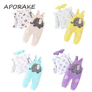 Clothing Sets 2024 3-24M Baby Girls Outfits Long Sleeve Crew Neck Elephant Print T-shirt With Embroidery Overalls And Headband Set