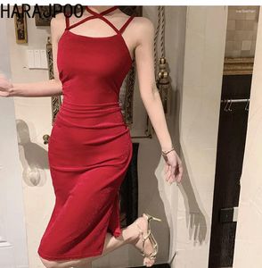 Party Dresses Harajpoo Retro Style Sexig avslöjande benben Suspender Dress French High Maist Figure Wrap Buttons Bottom Slit Vestidos