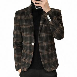 hoo 2023 Men's Autumn and Winter Classic Plaid Suit Youth Woolen Thick Suit blazer 53zt#