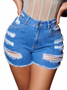 FI Women Street Ripped Slant Pocket High midja Rå Hem denim Skinny Shorts Female Casual Outdoor Spring D30X#