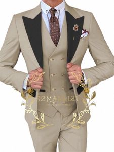 2024 Fi 3 Pieces Sets Single Breasted Groommen Beige Groom Tuxedo Black Peak Lapel Men Suits Wedding Best Man Blazer Q93u#