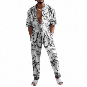 2023 Fi Print Two Piece Set Men Lapel Butt Short Sleeve Shirt And Straight Pants Suit Men Summer Casual Clothes P9jz#