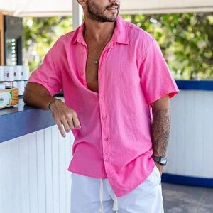 Männer Casual Hemden Einfarbig Rosa Für Männer Sommer Mode Lose Baumwolle Leinen Hemd Herren Kleidung Button-up revers Kurzarm Tops