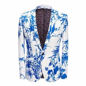 Mens Party Casual Blazer Print Blue Bamboo Mönster Design Slim Fit Men's Clothing Printed Sacka Jacket Men's Wedding Dr Coat V3Hz#