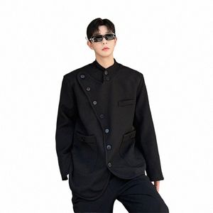 Männer Stehkragen Unregelmäßiger Saum Lose Beiläufige Vintage Anzug Blazer Jacke Männliche Japan Koreanische Streetwear Fi Blazer Mantel W5eG #