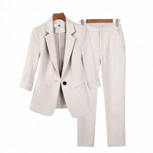 2023 verão nova jaqueta fina blazer casual calças de perna larga duas peças elegantes calças femininas conjunto roupas escritório busin roupas j9g7 #