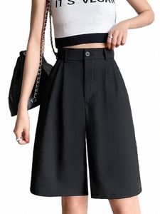 casual High Waist Wide Leg Suits Shorts Womens Summer Office Lady Loose Shorts for Women Solid Black Knee Length Baggy Shorts 53y5#