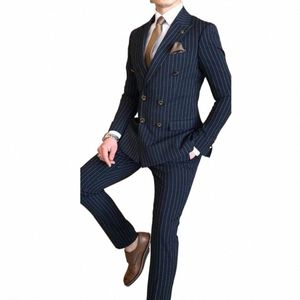 Gentlemen Navy Blue Suits For Men Peak Lapel Double Breasted 2 Piece Jacket Pants Costume Homme Terno Prom Party Male Clothing D65D#