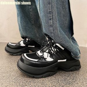 Casual Shoes 2024 Thick Sole Daddy Men's Heightened Wide Toe Leather Clunck Sneaker Black/white Mixed Color Lace Up