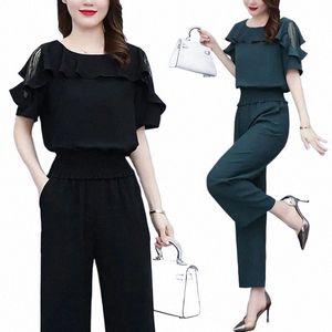 women's Suit 2024 New Summer Waistband Lace Openwork Off The Shoulder Short Sleeve Tops Wide Leg Pants 2 Two Piece Set For Women m4Pv#
