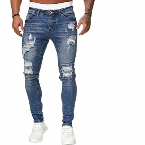 2022 Hot Sale Wish men's trousers worn hole grinding white slim jeans pants fi small foot pants for men 400L#